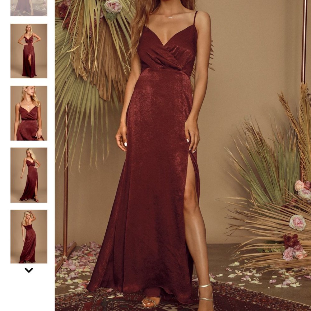 Lulu's Burgundy Satin Maxi Dress with Side Slit
